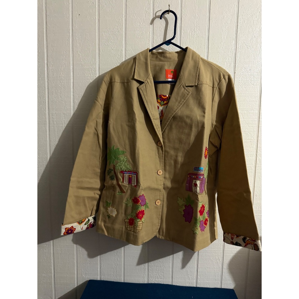 Hearts of Palm Tan Tropical Embroidered Cafe Cotton Blazer Jacket Size 18